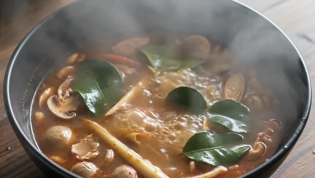 Steaming Thai shrimp soup simmering with fresh herbs.
