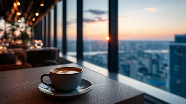 Enjoying a warm cup of coffee while watching the sunset from a high-rise city cafe