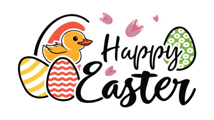 Cute yellow duckling with colorful easter eggs and blooming petals wishing everyone a happy easter celebration