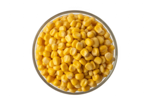 Overhead view of a clear glass bowl filled with bright yellow corn kernels isolated on a transparent background 1