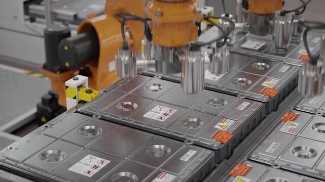 Fully automated EV production line with robotic arms assembling battery modules for the automotive industry. Modern autonomous car factory. Close up. Looping 3d animation render