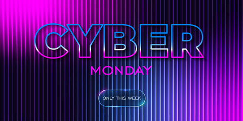 Cyber Monday Day Promotions Banner. Gradient blurred background with fractal glass effect, blue, pink, purple shades. Techno design for promotions, holiday sales.
