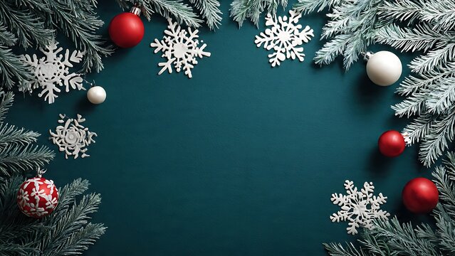 Christmas frame with red and silver ornaments on green background - Powered by Adobe