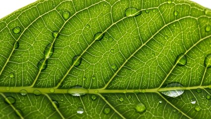 Fototapeta premium Close up of a vibrant green leaf with water droplets showcasing intricate vein patterns