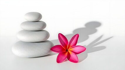 Stacked zen stones with pink plumeria flower against a bright white background scene