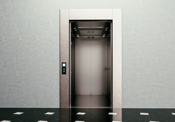 3D render of elevator doors with clean metallic finish and modern architectural design.