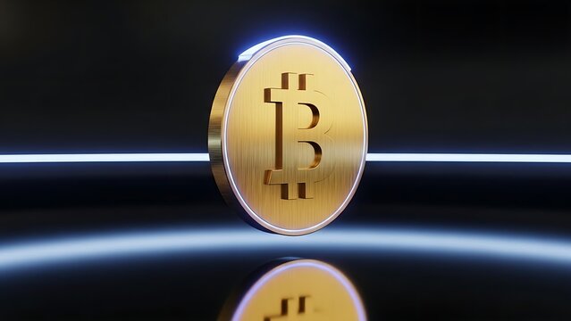 Close up of a golden bitcoin coin on a reflective surface with neon light accents