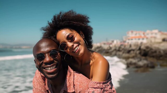Couple enjoying a sunny day at the beach, smiling widely while embracing each other near the ocean waves
