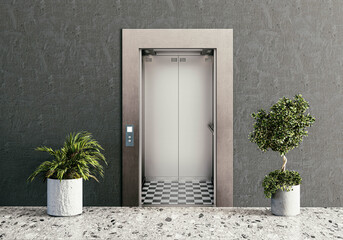 3D render of elevator doors with clean metallic finish and modern architectural design.