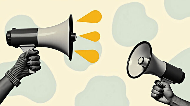 Retro Black and White Collage of Hands Holding Megaphones Against a Textured Pastel Abstract Background