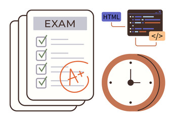 Fototapeta premium Marked exam sheet with check marks and A, clock representing time management, coding snippet in HTML. Ideal for education, learning, coding, deadlines, achievement planning study habits. A simple