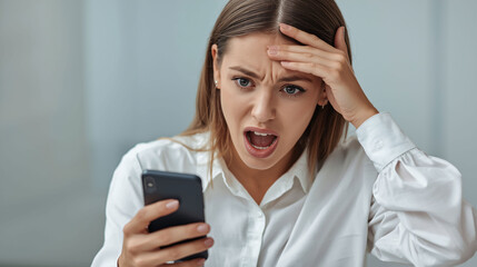 Fototapeta premium Young Woman Reacting with Wide-Eyed Surprise and Hand-on-Head to Bad News or Viral Content on Her Mobile Phone