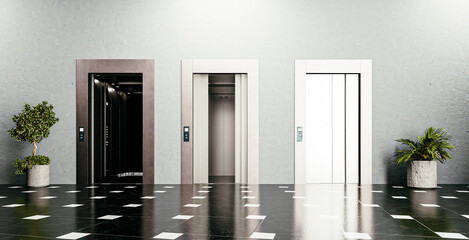 3D render of elevator doors with clean metallic finish and modern architectural design.