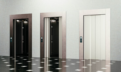 3D render of elevator doors with clean metallic finish and modern architectural design.