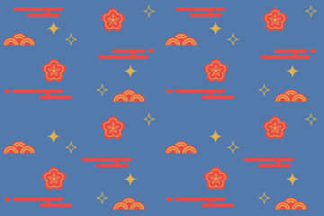 Happy Chinese and Japanese New Year.Abstract cloud, cherry blossom flower and star whimsical seamless pattern design. Tradition culture.Asian Lunar New Year background,holiday decoration vector.