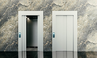 3D render of elevator doors with clean metallic finish and modern architectural design.