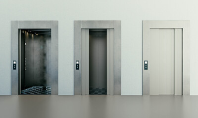 3D render of elevator doors with clean metallic finish and modern architectural design.