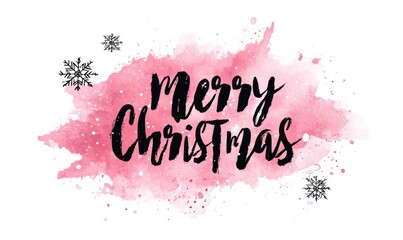 A festive 'Merry Christmas' message with black cursive text on a pink watercolor background, accented with snowflakes.