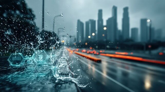 Urban rainfall impacting traffic cityscape digital art rainy environment street view technology and nature fusion