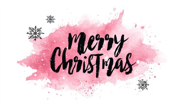 A festive 'Merry Christmas' message with black cursive text on a pink watercolor background, accented with snowflakes.