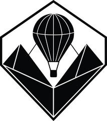 Geometric Hot Air Balloon and Mountains Hexagon Logo

