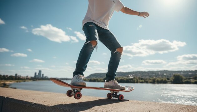 Unrecognizable young person in ripped jeans skateboarding along a concrete ledge on a sunny day with a river and city skyline in the background, low angle view - Powered by Adobe