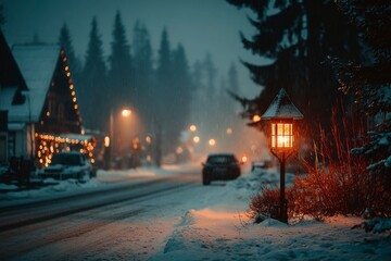 Silent night in a Snowy Village on Christmas Eve with a warm Glow from the street Lamps and homes