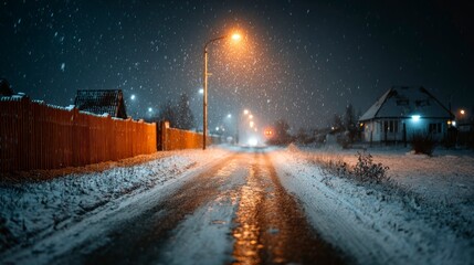 Snow falls softly on a quiet street in a small town during winter as lights glow along the road at night