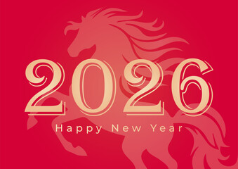 2026 Happy New Year with Golden Horse on Red Background