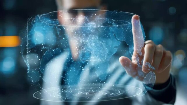 Modern technology use at an interactive digital display showcasing data visualization in a corporate environment