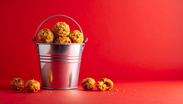 Silver bucket filled with caramel popcorn balls placed on vibrant red background with bold contrast