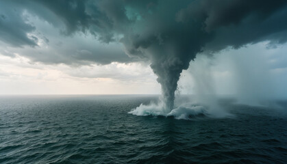 Water spout forming over the ocean under a cloudy sky  