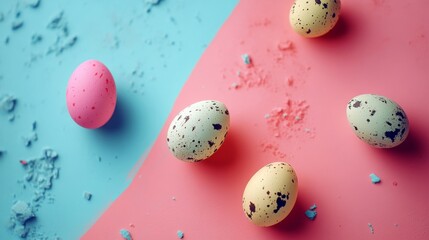 A vibrant collection of decorated eggs with colorful speckles and patterns, set against a striking blue-to-pink gradient backdrop.