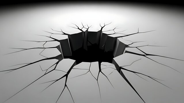 A dramatic 3d rendering of a deep, dark hole or pit opening up in a cracked, light gray surface, symbolizing danger or failure