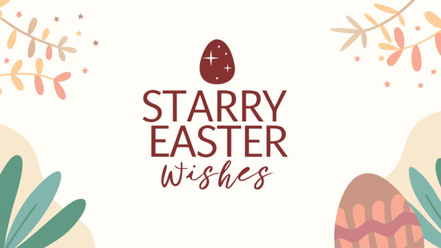 A whimsical illustration featuring the words starry easter wishes with a stylized egg and celestial stars surrounded by abstract floral elements and decorative easter eggs - Powered by Adobe