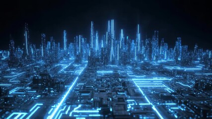 Futuristic cityscape illuminated by glowing blue lines in a digital environment at night - Powered by Adobe