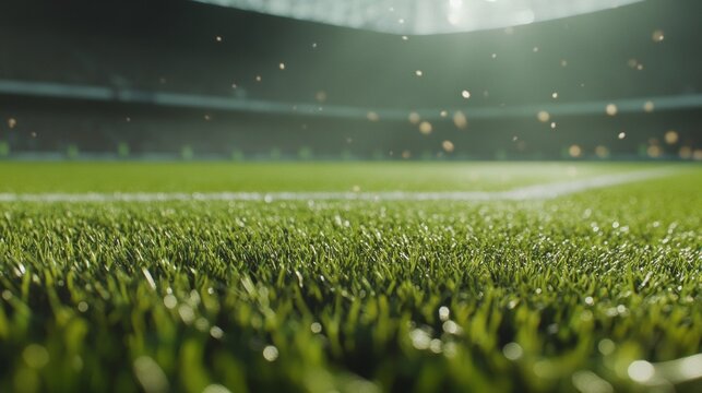 The image captures a freshly wet soccer field, likely after a recent rain, with the sun shining down on the vibrant green grass.