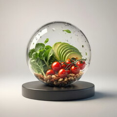 A modern 3D still life of healthy salad ingredients displayed inside a floating transparent sphere, symbolizing freshness, nutrition, and clean living.