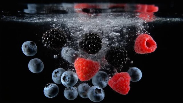 Blueberries blackberries raspberries splash into clear water creating vibrant refreshing fruity burst in ultra-realistic animation