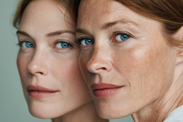 Women faces closeup skin blue eyes beauty, two models with natural makeup and freckles, intimate studio shot showing skin texture and aging contrast with youth for skincare and cosmetics