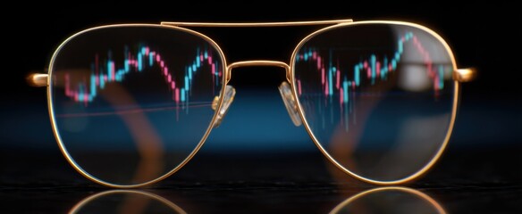 Stock market charts reflected clearly in eyeglasses lens showing market trends.