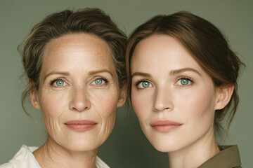 woman mature and young face close together, skin texture and natural beauty with clear eyes and soft makeup for skincare aging and generational connection in studio lighting glow