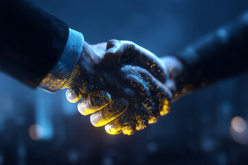 Handshake business technology digital partnership collaboration futuristic network closeup of glowing hands sealing agreement in modern neon cyber scene for corporate teamwork and trust