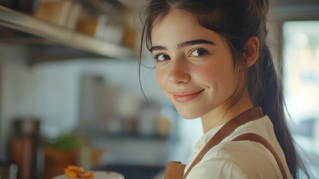 Smiling woman with brown hair looking over her shoulder. - Powered by Adobe