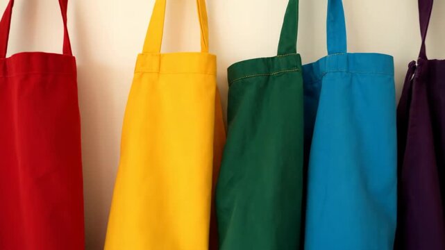 Colorful aprons hanging in a row on hooks against a white wall