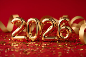 2026 numbers gold and red decoration with confetti and ribbon for New Year celebration, festive scene with shiny metallic digits on surface, party glamour and season sparkle