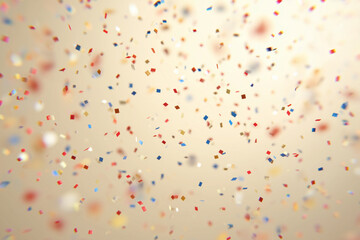 Confetti celebration, party festive scene with colorful falling pieces on soft beige background for event decoration and cheer atmosphere with bokeh and motion blur