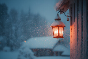 Lantern snow winter lamp exterior night cozy house cold glowing light on snowy wall with soft snowfall and bokeh background creating warm evening atmosphere in frosty outdoor scene