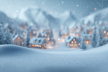 Snow village houses with warm lights in winter scene, cozy holiday mood with falling snow and blurred bokeh backdrop, illuminated cottages in snowy landscape