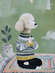 Dog poodle meditation sweater rug yoga illustration of calm canine sitting cross legged with paws together on patterned rug near plant and soft green background